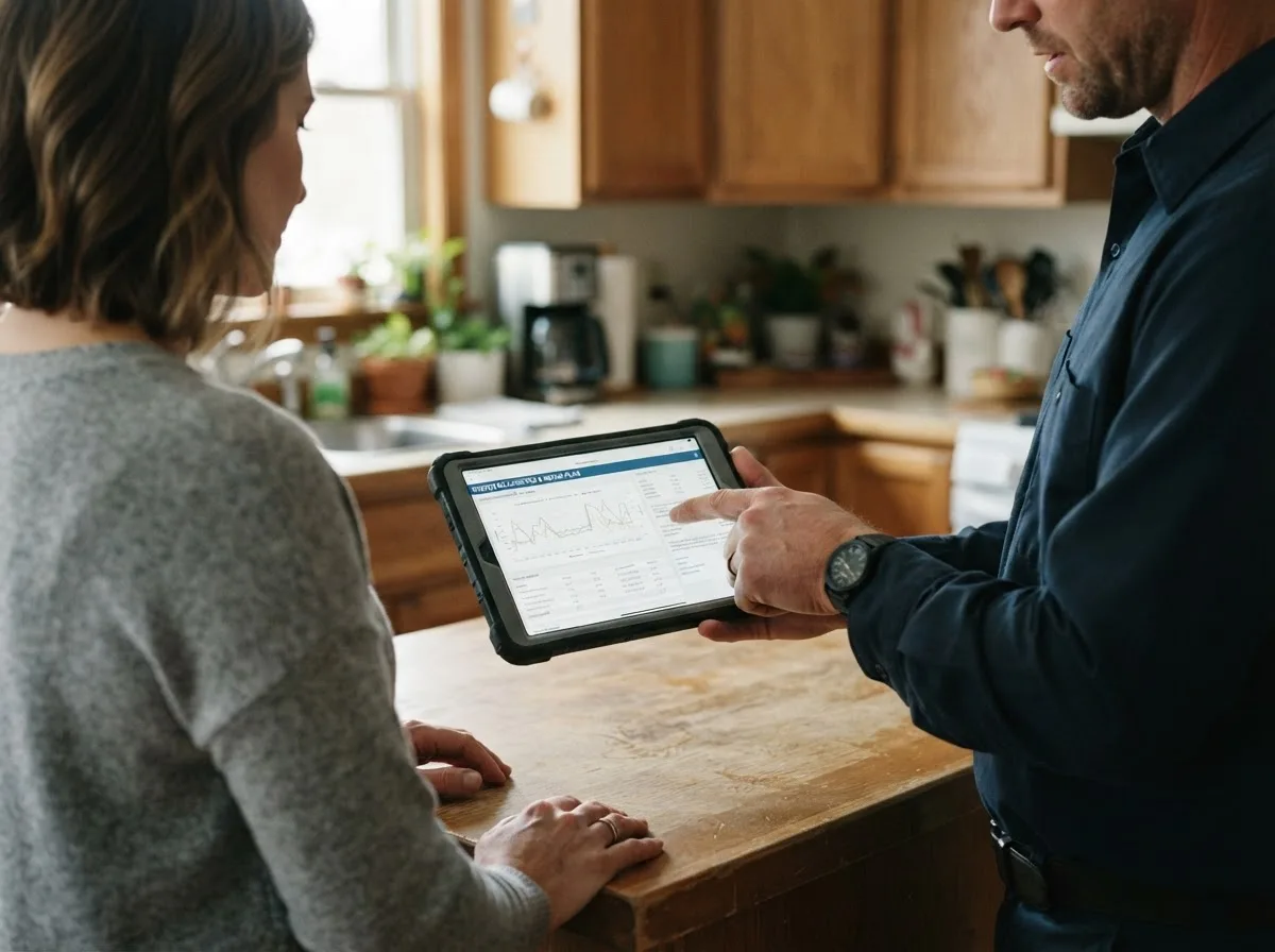 HVAC technician inspecting a heating & cooling system in Fountain City, WI